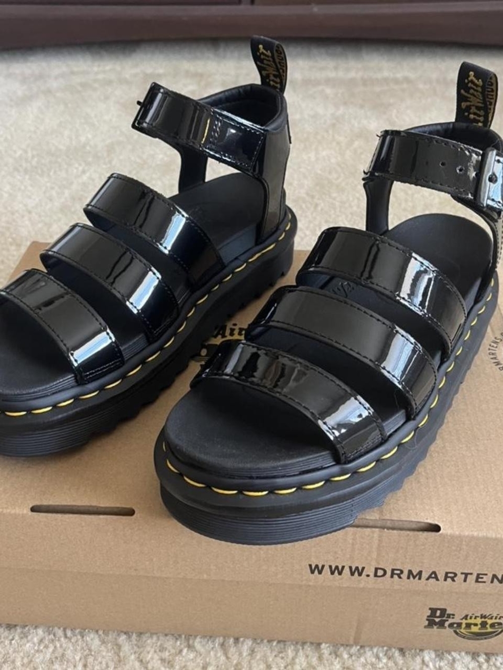 Dr. Martens Black Patent Leather Triple-Strap Platform Sandals - Picture 3 of 4